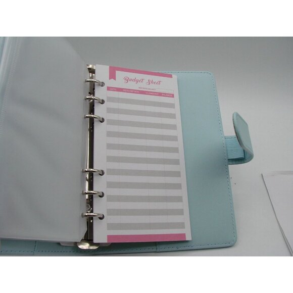 NEW Blue Leather 6 Ring Planner Organizer Zipper Envelope Budget Tab Stickers - Picture 4 of 8